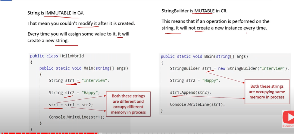 String is an immutable type, which means that once a string is created, it cannot be modified. Any operation that modifies a string actually creates a new string object. This can be inefficient if you need to perform a lot of string manipulations, as it can result in a lot of memory allocations and deallocations.
For example:
```javascript
string firstName = "John";
string lastName = "Doe";
string fullName = firstName + " " + lastName;
```
In this example, we are concatenating the firstName and lastName strings together to create a fullName string. Since we are only concatenating a few strings together, using string is efficient and easy to read.
StringBuilder, on the other hand, is a mutable type that is designed for efficient string manipulation. It allows you to modify a string in place, without creating a new string object each time. This can be much more efficient than using string if you need to perform a lot of string manipulations.
For example:
```csharp
StringBuilder sb = new StringBuilder();
for (int i = 0; i < 1000; i++)
{
sb.Append("hello");
}
string result = sb.ToString();
```
In this example, we are using a StringBuilder to build a long string by appending the word "hello" to it 1000 times. Since we are concatenating many smaller strings together, using StringBuilder is more efficient than using string, as it avoids creating a new string object each time.
Example 3: Performing a complex search and replace operation
If you need to perform a complex search and replace operation, StringBuilder is a better choice. For example:
```javascript
string input = "The quick brown fox jumps over the lazy dog";
StringBuilder sb = new StringBuilder(input);
sb.Replace("brown", "red");
sb.Replace("fox", "cat");
string result = sb.ToString();
```
In this example, we are using a StringBuilder to perform a complex search and replace operation on the input string. We are replacing the word "brown" with "red" and the word "fox" with "cat". Since we are performing a complex operation that involves multiple search and replace operations, using StringBuilder is more efficient than using string.