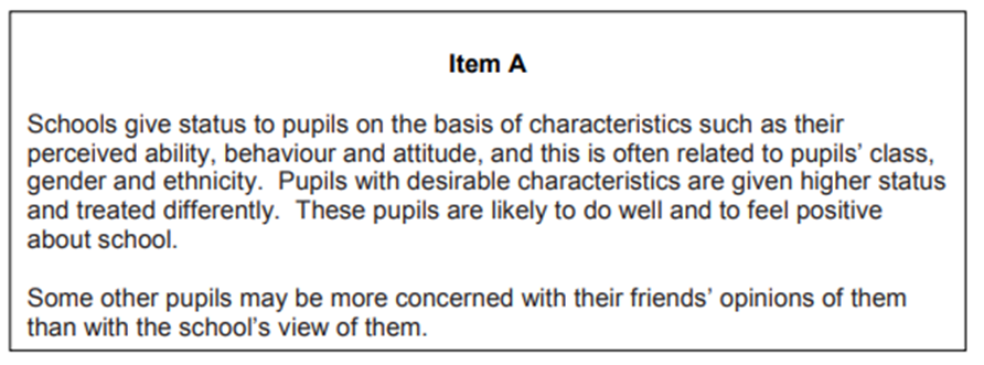 <p><span>Specimen 2: Applying material from Item A, analyse two reasons why some pupils join pupil subcultures.&nbsp;&nbsp;[10]</span></p>