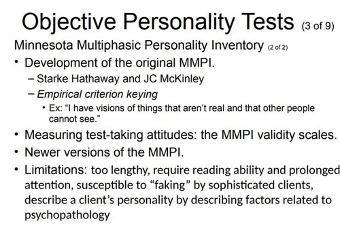 <p>The Minnesota Multiphasic Personality Inventory (MMPI) was first published in 1943, designed by Starke Hathaway and J.C. McKinley. </p><p>They sought an empirical method to gauge psychopathology, unlike existing questionnaires. They utilized "empirical criterion keying" for test construction. This means they tested items on distinct groups (e.g., people diagnosed with specific mental disorders) and retained items only if they differentiated between these groups in practice, not just in theory. </p><p>Of over 1,000 initial items, 550 made the cut, forming 10 clinical scales related to different psychopathologies. </p><p>the MMPI prioritized empirical data over intuition or theory in item selection, much like how Amazon suggests products based on buying patterns, not perceived item similarities.</p>