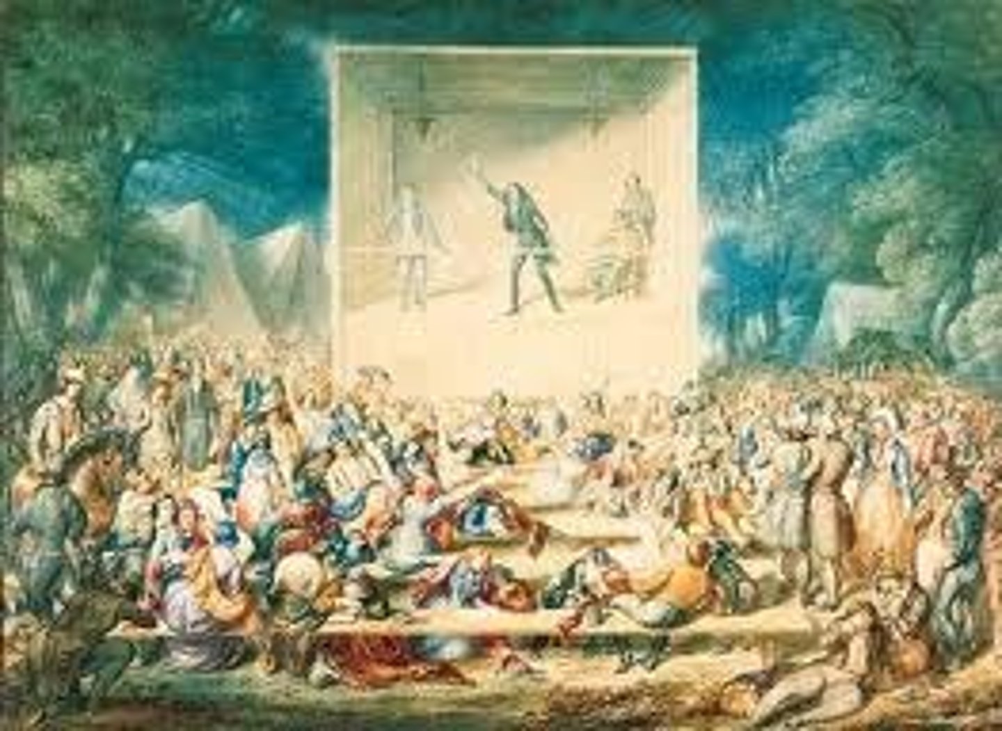 <p>a religious revival that swept the colonies in the mid-18th century. Participating ministers, most notably Jonathan Edwards and George Whitefield, placed an emphasis on direct, emotive spirituality. A Second Great Awakening arose in the nineteenth century.</p>