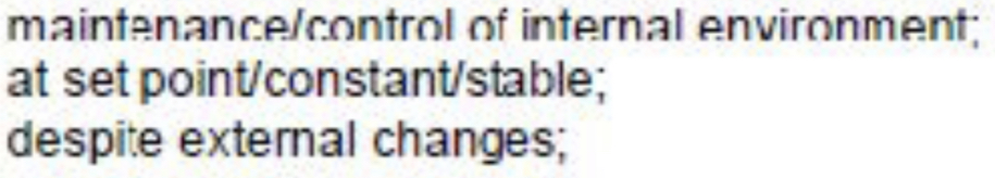 <p>The maintenance of a state of dynamic equilibrium (constant environment) within a living organism despite fluctuations in internal and external conditions, by negative feedback.</p><p>Homeostatic Control Systems:</p><ol><li><p>Blood glucose levels</p></li><li><p>Thermoregulation</p></li><li><p>Osmoregulation</p></li></ol><p>Homeostasis is important to ensure optimum conditions for enzymes and cellular processes in the body.</p><p>Core body temperature, pH and water potential may change due to changes in our activity or external environment, but they fluctuate around a set point. </p>