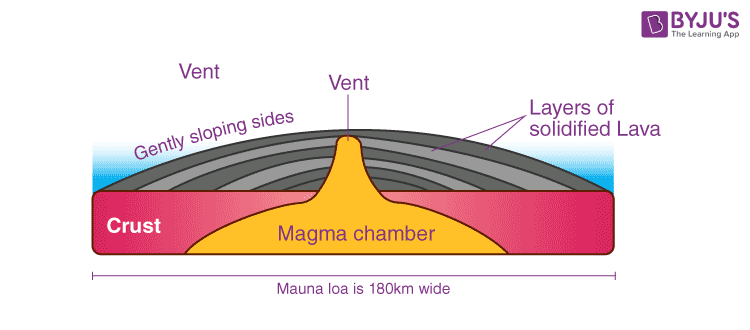 <p>A <mark data-color="red" style="background-color: red; color: inherit;">wide, gently sloping mountain</mark> made of layers of lava and formed by quiet eruptions.</p>
