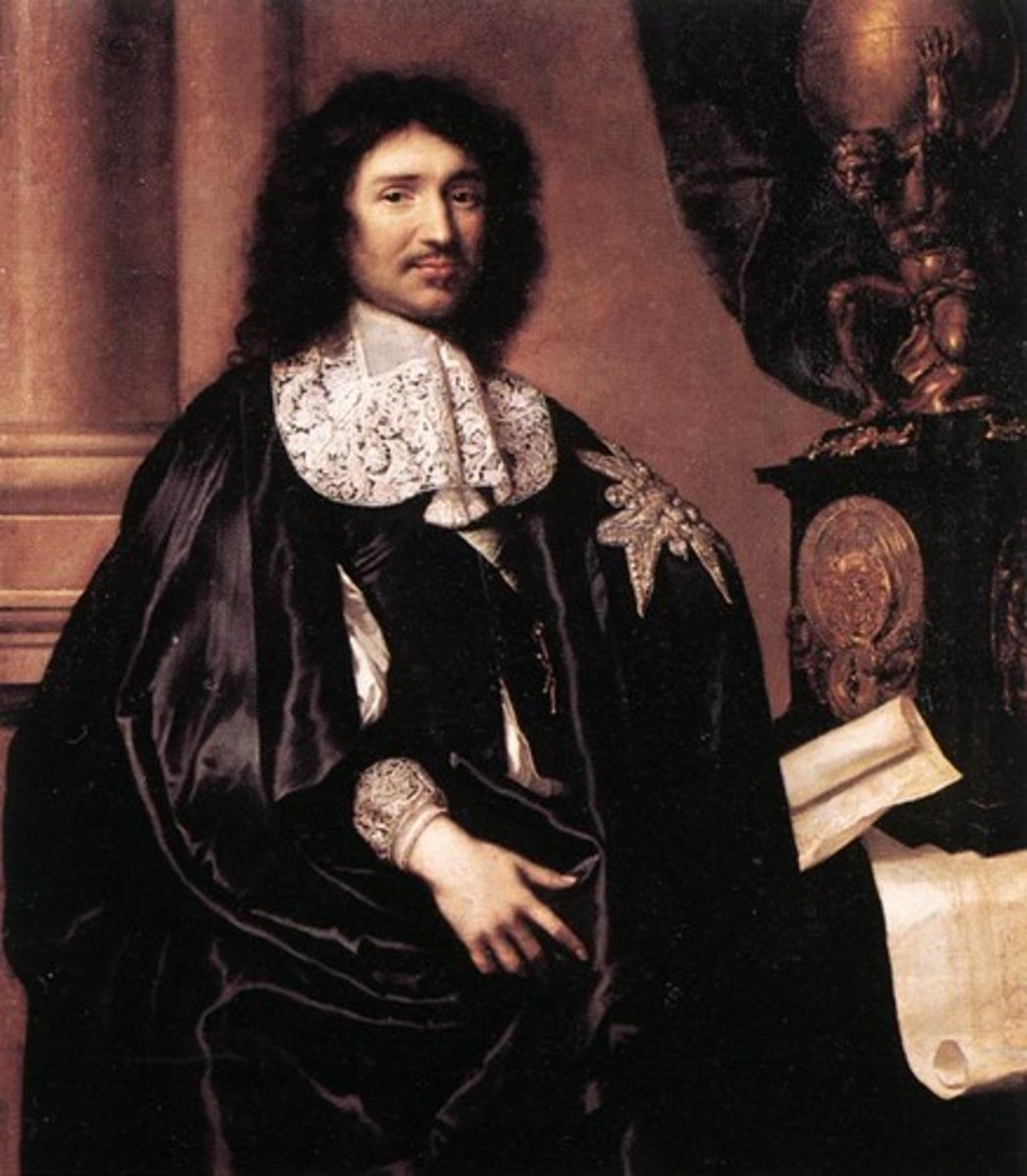 <p>1- Louis XIV finance minister. <br>He imposed mercantilist policies to booster the economy. <br>2- Had new lands cleared for farming and built up trade. <br>3- To protect French manufacturing, he put a high tariff on imported goods. <br>4- He regulated trade with the colonies and made France a wealthy state.</p>