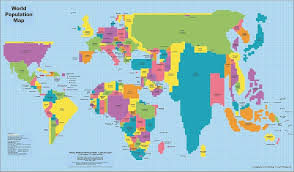 <p>a map where size of regions is distorted to show a specific variable; e.g., a population cartogram where India and China appear enlarged</p>