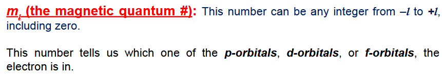 <p>it represents which one of the p, d, f -orbitals it’s in  ex. p-orbital is -1, 0, 1</p>