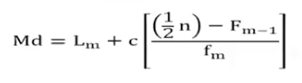 <p>Md = median for grouped data</p><p>Lm = lower class boundary of the median class</p><p>c = class interval or class width</p><p>n = sample size</p><p>Fm-1 = cumulative of interval immediately preceding the median class</p><p>fm = frequency of the median class</p>