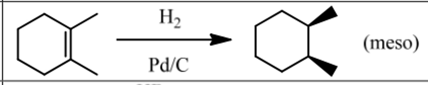 <p>Reagents: H₂/Catalyst</p><p>(Catalyst = Pt/C, Pd/C, or Ni)</p><p>What's Added: H &amp; H</p><p>Regioselectivity: -</p><p>Sterioselectivity: Syn Addition</p><p>Intermediate: -</p><p>[Forms Meso Compound]</p>