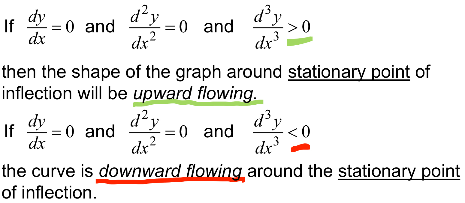 <p>When <strong>dy/dx = 0 and d²y/dx² = 0</strong></p><p>If d³y/dx³ <strong>> 0</strong> = <span style="color: rgb(0, 252, 3);">upward flowing</span> around stationary point</p><p>If d³y/dx³ <strong>< 0</strong> = <span style="color: rgb(255, 0, 0);">downward flowing</span> around stationary point </p>