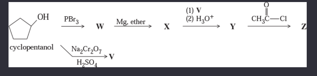 <p>11-53 Give the structures of the intermediates and products V through Z.</p>