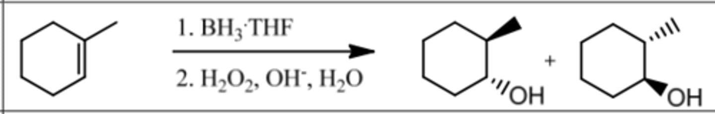 <p>Reagents: 1. BH₃∙THF</p><p>2. H₂O₂, OH⁻, H₂O</p><p>What's Added: H⁺ & OH⁻</p><p>Regioselectivity: Anti-Markovnikov</p><p>Sterioselectivity: Syn Addition (H⁺ & OH⁻ are Syn)</p><p>Intermediate: -</p>