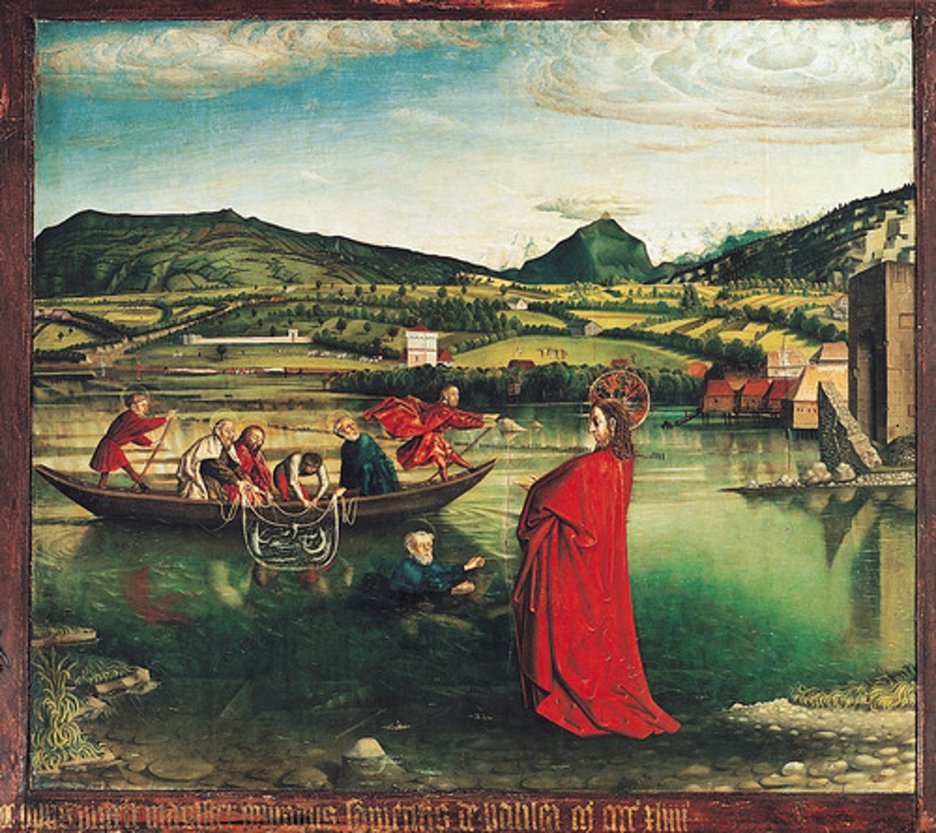 <p>Konrad Witz's the Miraculous Draught of Fish is one of the first fifteenth-century images to depict and identifiable site. He represented the landscape so carefully that art historians have been able to determine __________________.</p>