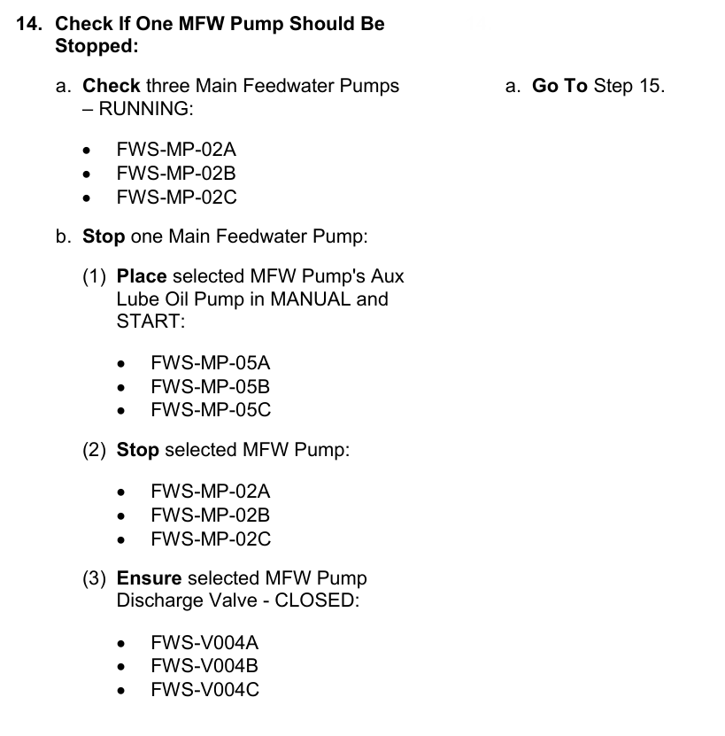 <p>Less than 720MWe</p><ol><li><p>Manual and Start of Aux LO pump</p></li><li><p>Stop MFW Pump</p></li><li><p>Ensure Discharge Valve closes</p></li></ol><p></p>