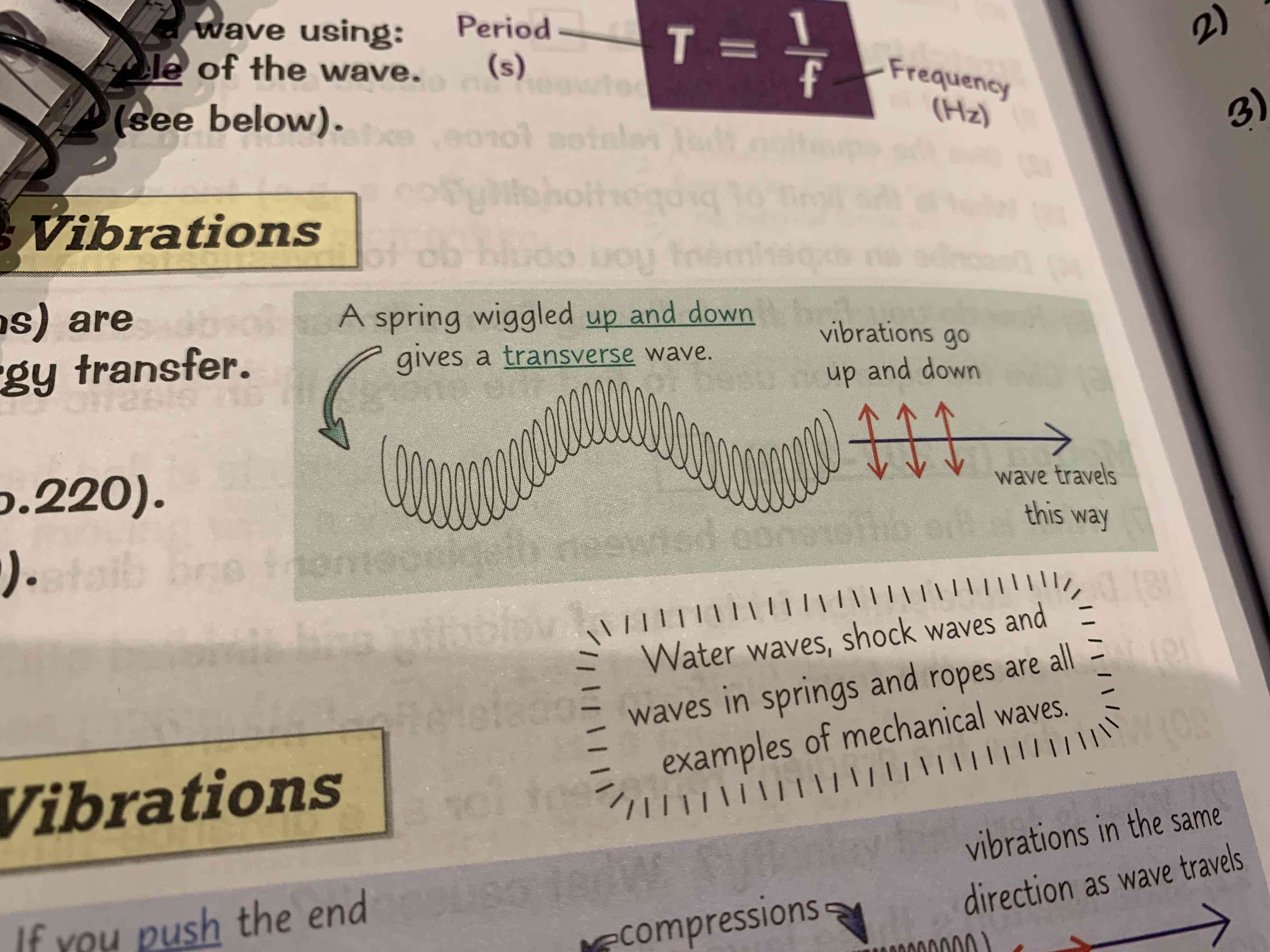 <ul><li><p><span>spring wiggled up and down gives a transverse wave.</span></p></li><li><p><span>oscillations (vibrations) move up and down, does not travel along the medium.</span></p></li><li><p><span>the wave travels sideways.</span></p></li></ul>