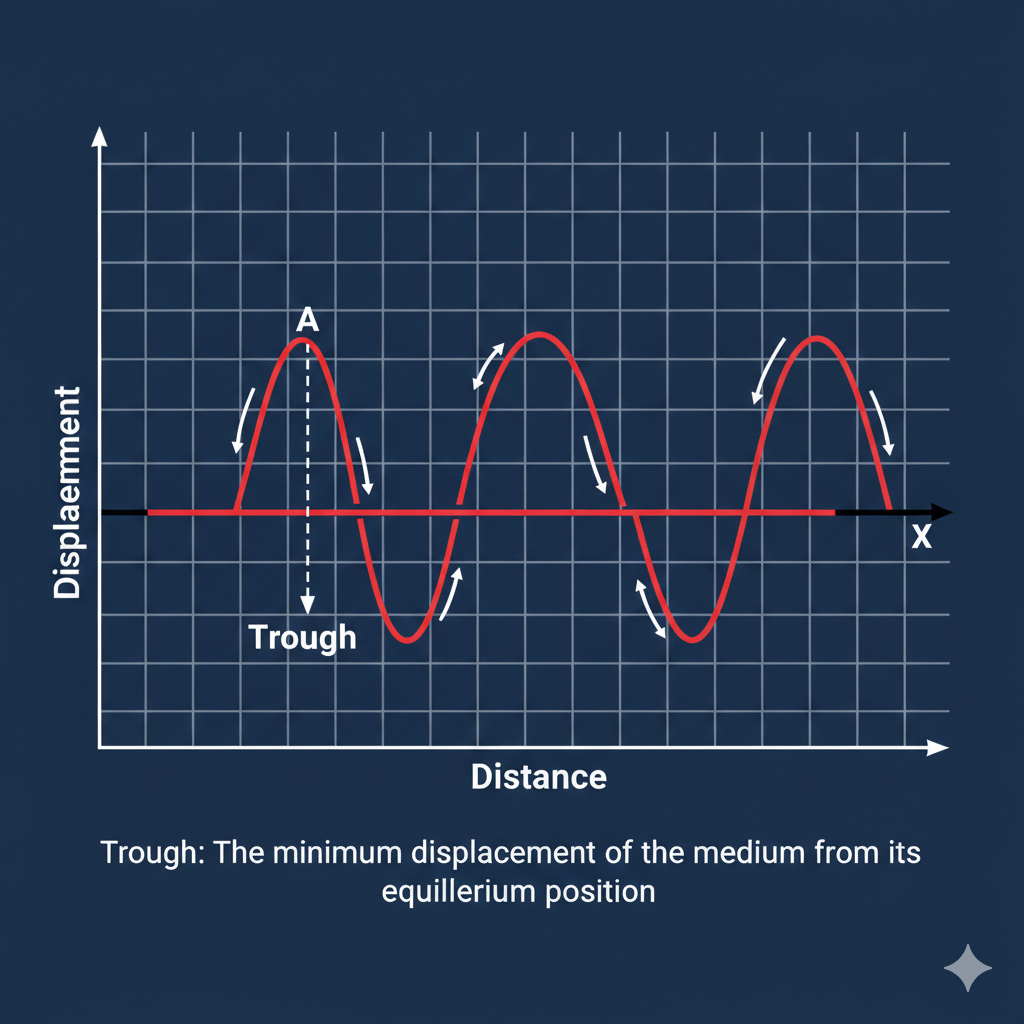 <p>The lowest point of a transverse wave, representing the maximum negative displacement from the equilibrium position.</p>
