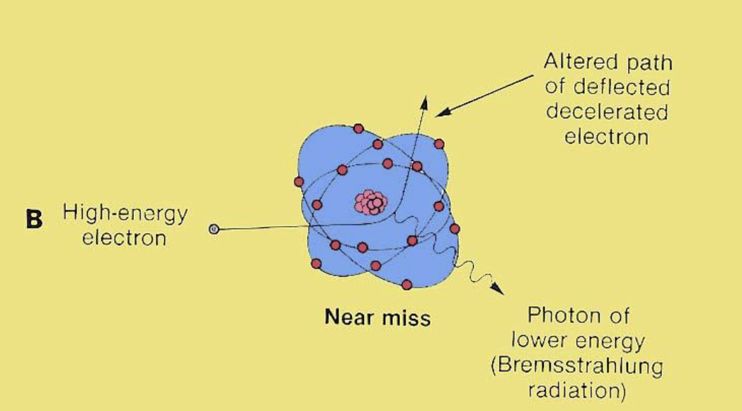 <p>X rays are produced when high velocity electrons are suddenly decelerated when they pass close to or directly hits the nuclei of high Z # absorbing material.</p><img src="https://knowt-user-attachments.s3.amazonaws.com/08b5f744-c18d-4afb-8ba9-c41ff222c696.png" data-width="100%" data-align="center"><p></p>