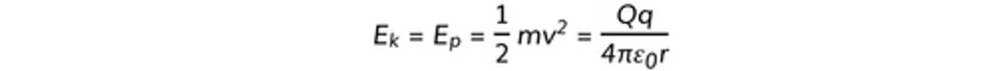 <p>- shoot α particles at a gold nucleus</p><p>- as the α particle approaches the gold, its Ek↓ &amp; Ep↑</p><p>- equate ΔW = electric potential to get potential energy</p><p>- equate potential energy to Ek (like picture)</p><p>- calculate radius</p><p>- repulsion prevents the α from getting any closer</p><p>REMEMBER THIS IS MAXIMUM POTENTIAL ENERGY</p>