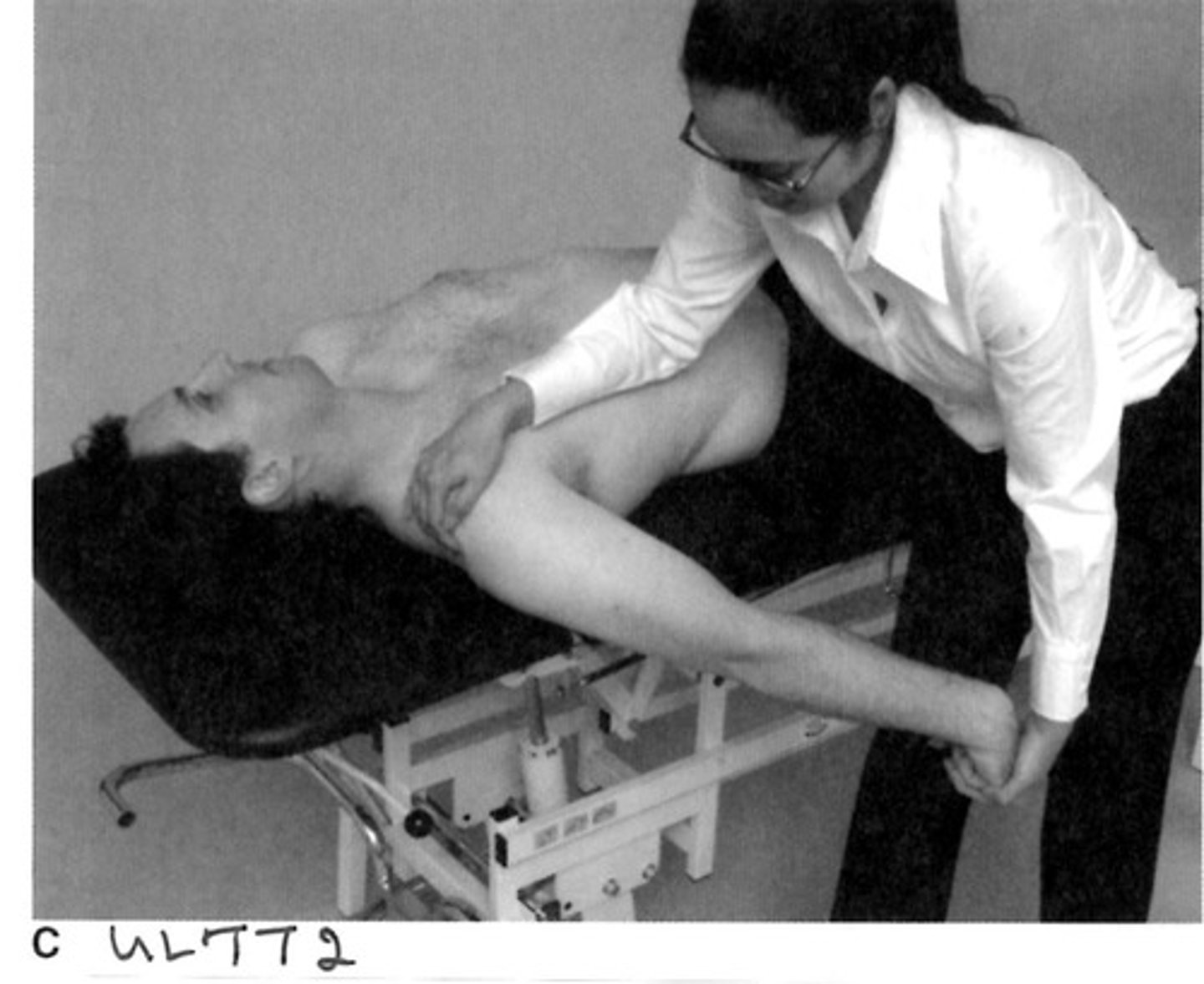 <p>Peripheral nerve compression</p><p>ULTT1 - median and interosseous nerve bias</p><p>-shoulder depressed and abducted 110</p><p>-elbow extension</p><p>-forearm supination</p><p>-wrist extension</p><p>-fingers and thumb extended</p><p>-cspine contra lateral side flexion</p><p>ULTT2- median, axillary, and musculocutaneous nerve bias (pic)</p><p>-shoulder depression and abduction 10</p><p>- elbow extension</p><p>-forearm supination</p><p>-wrist extended</p><p>-finger and thumb extended</p><p>-shoulder lateral rotation</p><p>-cspine contra lateral side flexion</p><p>ULTT3 - radial nerve</p><p>-shoulder depression and abduction 10</p><p>- elbow extension</p><p>-forearm pronated</p><p>-wrist flexion and UD</p><p>-fingers and thumb flexion</p><p>-shoulder medial rotated</p><p>-cspine contra lateral side flexion</p><p>ULTT4 - ulnar nerve</p><p>-shoulder depression and abduction 10-90 with hand to ear (waiter's position)</p><p>-elbow flexion</p><p>-forearm supination</p><p>-wrist extended with RD</p><p>-finger and thumb extended</p><p>-shoulder lateral rotation</p><p>-cspine contra lateral side flexion</p>