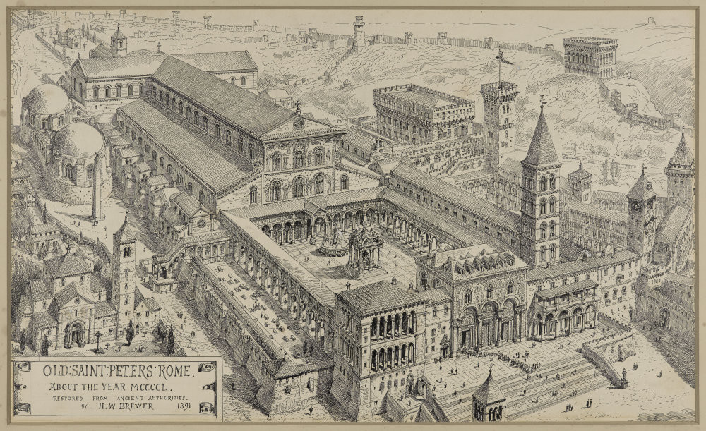 <p>Rome, begun 320</p><p>*Early Christian church</p><ul><li><p>provides public space for worship</p></li><li><p>teach rituals of Christian practice</p></li><li><p>avoid similarities to&nbsp;“pagan” temples to avoid confusion</p><ul><li><p>pagan —> Christian</p></li></ul></li><li><p>brick, wood, no column orders</p></li></ul><p>*Basilica Plan Church</p><ul><li><p>cruciform</p></li></ul><p></p>