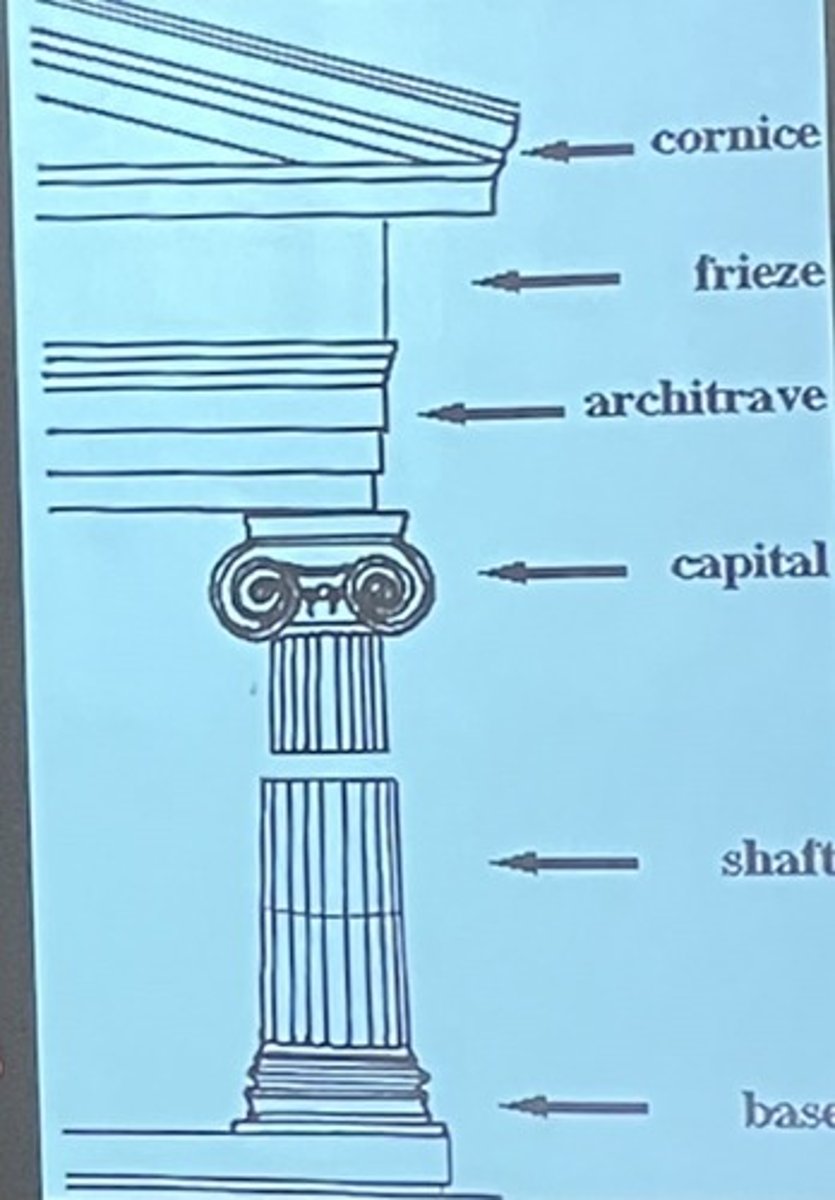 <p>-Developed in Ionian Islands</p><p>-Characterized as delicate order - "female"</p><p>-Contrasted with "male" Doric order</p><p>-Used for smaller buildings and interiors</p><p>-Easily recognizable by Volutes on Capital (based on nautilus shells or animal horns)</p>