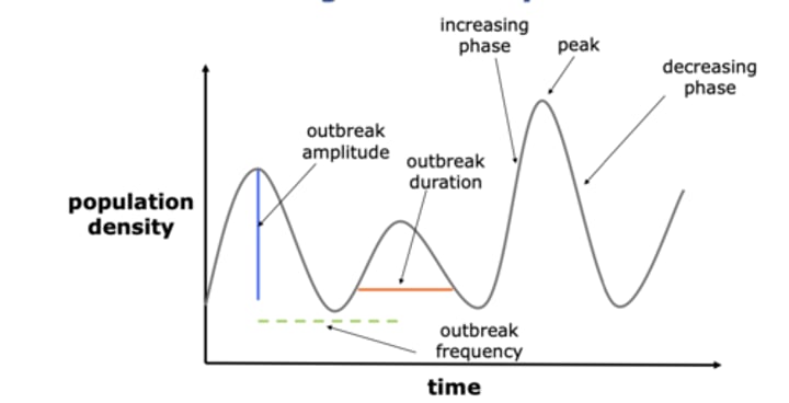 <p>-Amplitude (which is the severity of the outbreak - how high the peak is)<br>-Outbreak duration (how wide the peak is)<br>-outbreak frequency (period between peaks)<br>-increasing phase, peak, and decreasing phase (the highest peak of the outbreak)<br><br>POPULATION DENSITY OVER TIME</p>