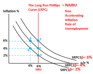 <ul><li><p>Expectations-augmented Phillips Curves: “stacked” curves, each based on a given expected inflation rate (ṗ).</p></li><li><p>NRU is vertical and intersects each curve where expected inflation = actual inflation.</p></li><li><p>At this point, real wages are correct → stable employment.</p></li><li><p>This vertical line is the Long-Run Phillips Curve (LRPC).</p></li><li><p>The individual stacked curves are Short-Run Phillips Curves (SRPCs).</p></li><li><p>Keeping unemployment below the NRU requires continually boosting AD → accelerating inflation.</p></li><li><p>LRPC is also called NAIRU: unemployment rate with no accelerating inflation.</p></li></ul><p></p>