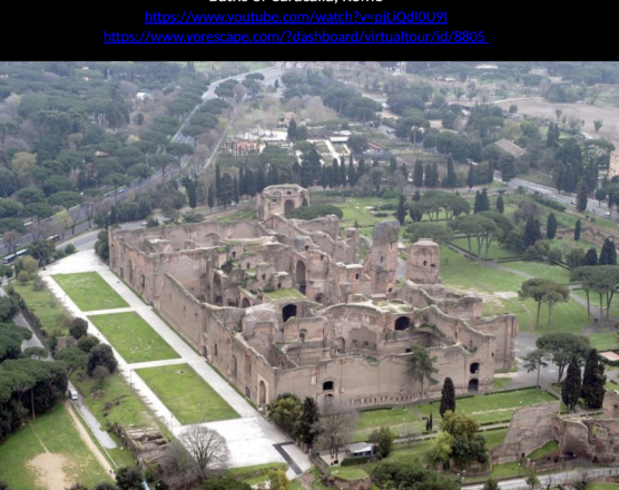 <p>Baths of Caracalla, Rome </p><p>Describe the Baths of Caracalla. What types of rooms and spaces were included in the complex? What was the role of bathing in Roman society? </p>