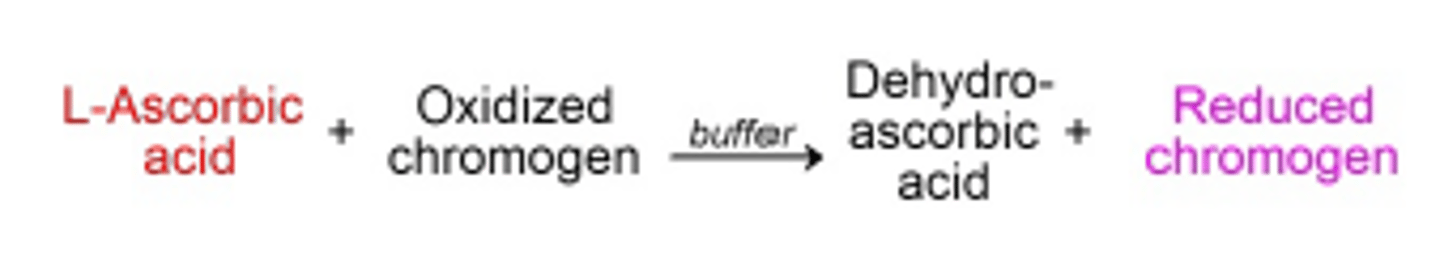 <p>Ascorbic acid reacts with an oxidized chromagen, which will be reduced by ascorbic acid, changing the color</p>