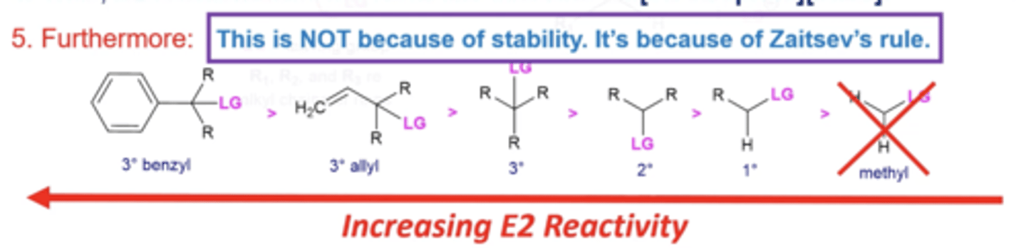 <p>(same as E1 rxns)</p><p>the more substituted the the carbon with the L.G., the more reactive the electrophile due to Zaitsev's rule to produce E alkenes</p><p>-methyls cannot undergo E2 reactions because they can't form C=C</p>