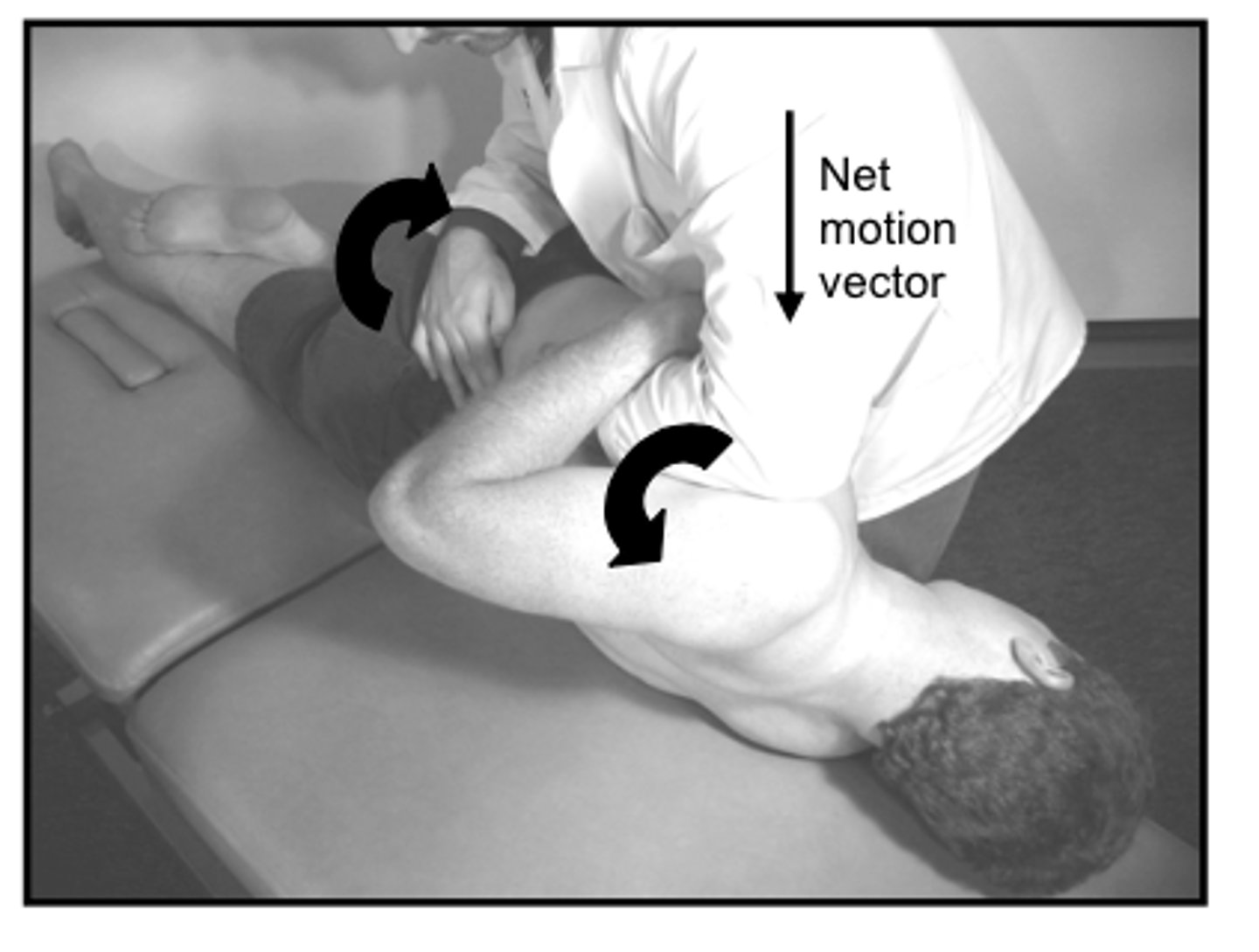 <p>- hand closest to their head goes under their arm --> then rotate their shoulder anteriorly</p><p>- other hand rotates their pelvis until slack is taken up (then back out a little)</p><p>- thumb of hand closest to head pushes superior vertebrae up</p><p>- 2 and 3 fingers of other hand pushes inferior vertebrae down</p><p>- continue rotating torso and pelvis</p>