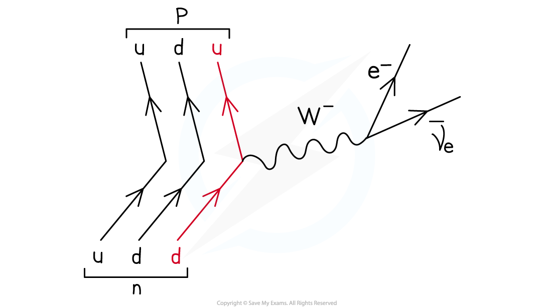<p>W<sup>-</sup> boson ‘carries away’ the negative charge of the down quark which provides the negative charge for the electron and anti-neutrino.</p>
