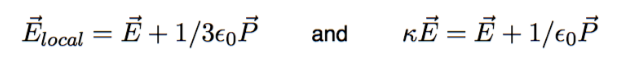 <p>local electric field as centre of spherical cavity in dielectric medium; addition of external and local field</p>