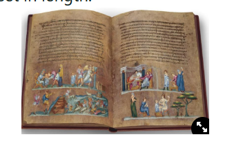 <p><strong><span>The Codex:&nbsp;</span></strong></p><ul><li><p><span>Previously, text and images had been recorded on papyrus scrolls that unrolled for the reader. They could reach 30-33 feet in length.</span></p></li><li><p><span>The </span><strong><span>codex </span></strong><span>was pages of</span><em><span> flat sheets of parchment and vellum (calfskin)</span></em><span> bound together and covered like our modern day books.&nbsp;</span></p><ul><li><p><span>This meant they were easier to preserve which allowed for better colour illustrations and text.</span></p></li></ul></li></ul><p><br></p>