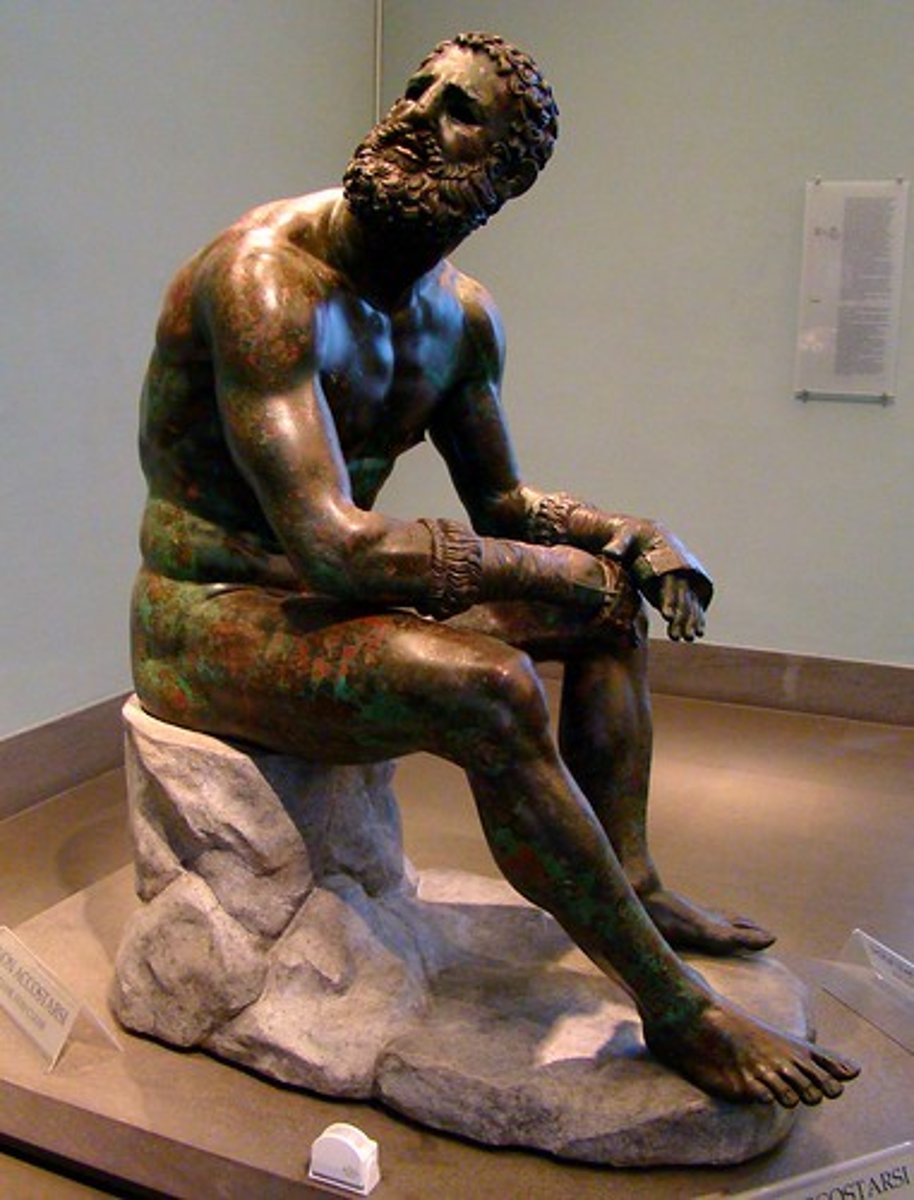 <p>Period: Hellenistic c.100 B.C.E.</p><p>Form: Bronze statue</p><p>Function: Decorative</p><p>Content: Old, defeated boxer is shown with broken nose and battered eyes. Blood drips down forehead. Not as ideal. Emotion. Disappointed. Looking at opponent.</p>