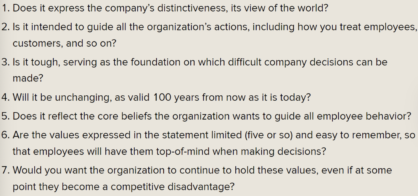 <p><span>• </span>What the company stands for: its core priorities, the values its employees embody, and what its products contribute to the world</p><p class="p1"><span>• </span>What values do we want to emphasize?</p>