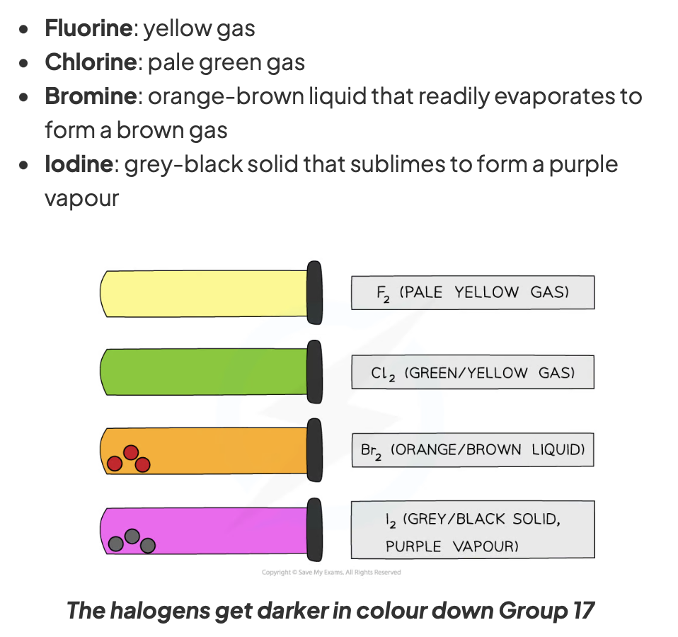 <p>Colour of halogen solutions in water:</p><ul><li><p><strong>Fluorine</strong>: not typically tested due to its reactivity</p></li><li><p><strong>Chlorine</strong>: green-blue solution</p></li><li><p><strong>Bromine</strong>: orange solution</p></li><li><p><strong>Iodine</strong>: dark brown solution</p></li></ul><p></p>