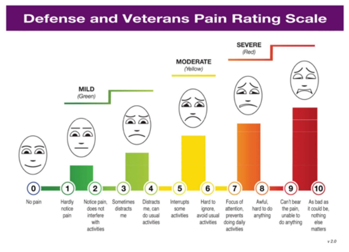 <p>visual analog scale: no pain - pain as bad as it could possibly be</p><p>numeric pain intensity: numeric rating scale 0 - 10</p><p>verbal descriptors: mild, moderate, severe</p><p>faces scale: :) - :(</p><p>defense & veterans pain scale rating: combines all of these</p><p>functional pain assessment: how does the pain affect your daily life, sleep, work</p>
