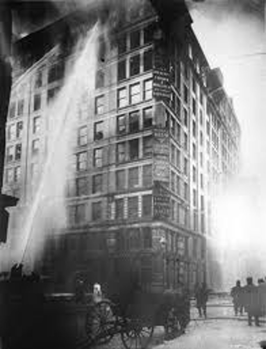 <p>March 1911 fire in New York factory that trapped young women workers inside locked exit doors; nearly 50 ended up jumping to their death; while 100 died inside the factory; led to the establishment of many factory reforms, including increasing safety precautions for workers</p>