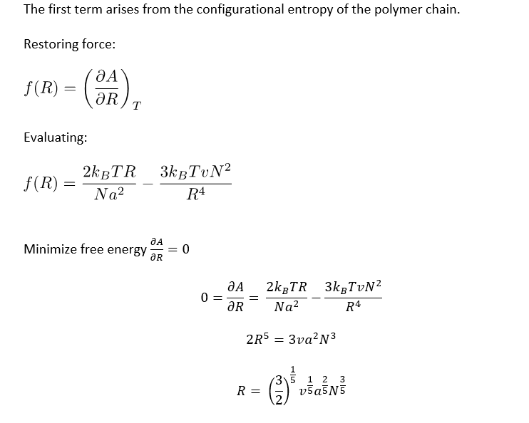 <p><span>This is a model for a </span><strong><span>good solvent</span></strong><span>. We can guess this because the proportionality is R ~ N<sup>3/5 </sup>and the exponent 3/5 is greater than the random walk value of ½, so the chain is more swollen. (Remember the random model walk is for a theta solvent [or in a melt].)</span></p>