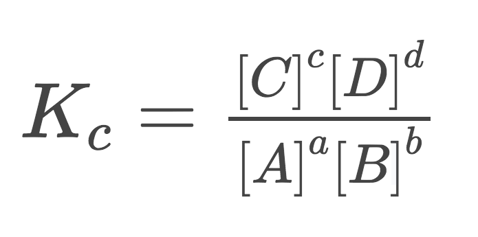 <p>K(sub c(for concentration))=((([C])^c)*(([D])^d)))/((([A])^a)*(([B])^b)))</p>