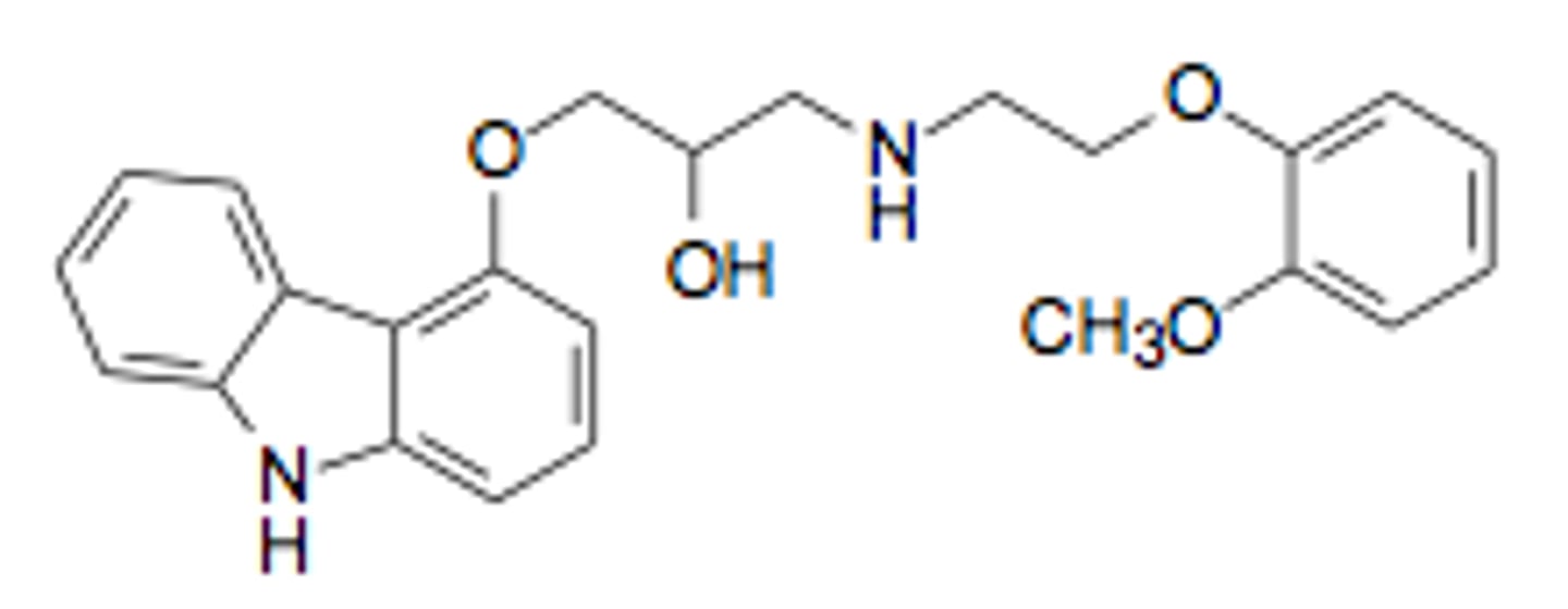 <p><strong>Brand: </strong>Coreg</p><p><strong>Class: </strong>Beta blocker</p><p><strong>MOA:</strong> Blocks beta receptors nonselectively. Also blocks alpha-1 receptors which helps reduce blood pressure.</p>