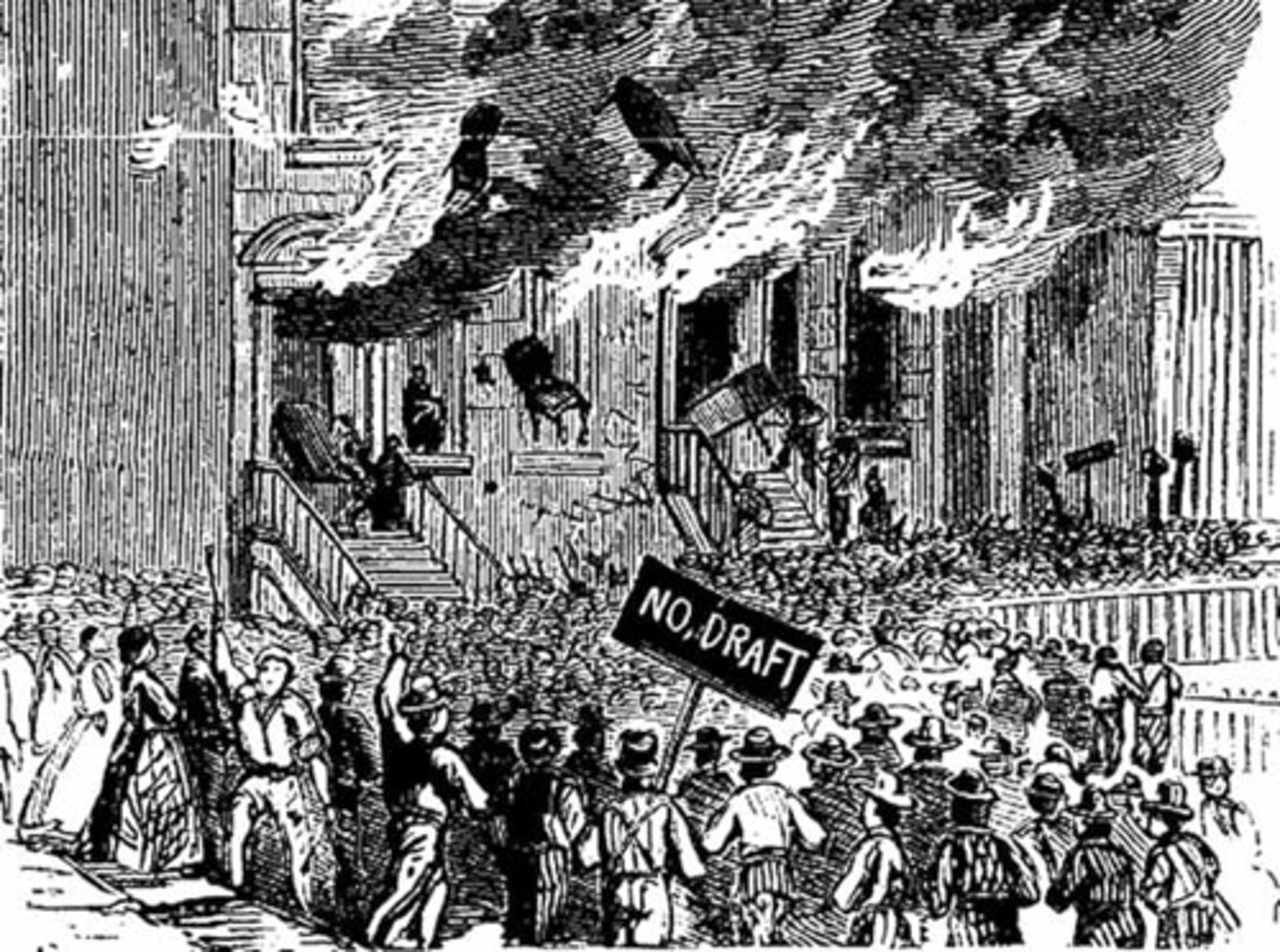 <p>Uprisings during the Civil War (1863), mostly of working-class Irish-Americans, in protest of the draft. Rioters were particularly incensed by the ability of the rich to hire substitutes or purchase exemptions.</p>