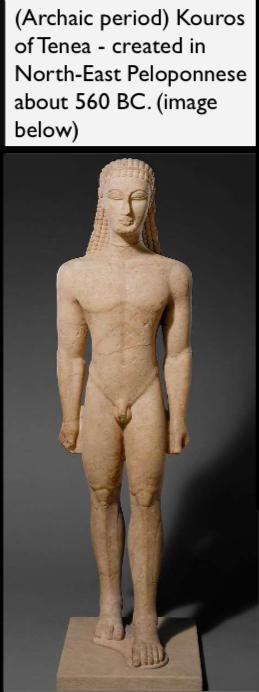 <ul data-type="taskList"><li data-checked="false" data-type="taskItem"><label><input type="checkbox"><span></span></label><div><p>Arts were influenced by the earlier civilization of <strong><em><u>Mesopotamia and Egypt</u></em></strong> like the <strong><em><u>use of geometric art in pottery</u></em></strong></p></div></li><li data-checked="false" data-type="taskItem"><label><input type="checkbox"><span></span></label><div><p><strong><em>Example:</em></strong></p><p>Kouros (nude male figure of athlete)</p><p>Kore (fully clad female figure)</p></div></li></ul>