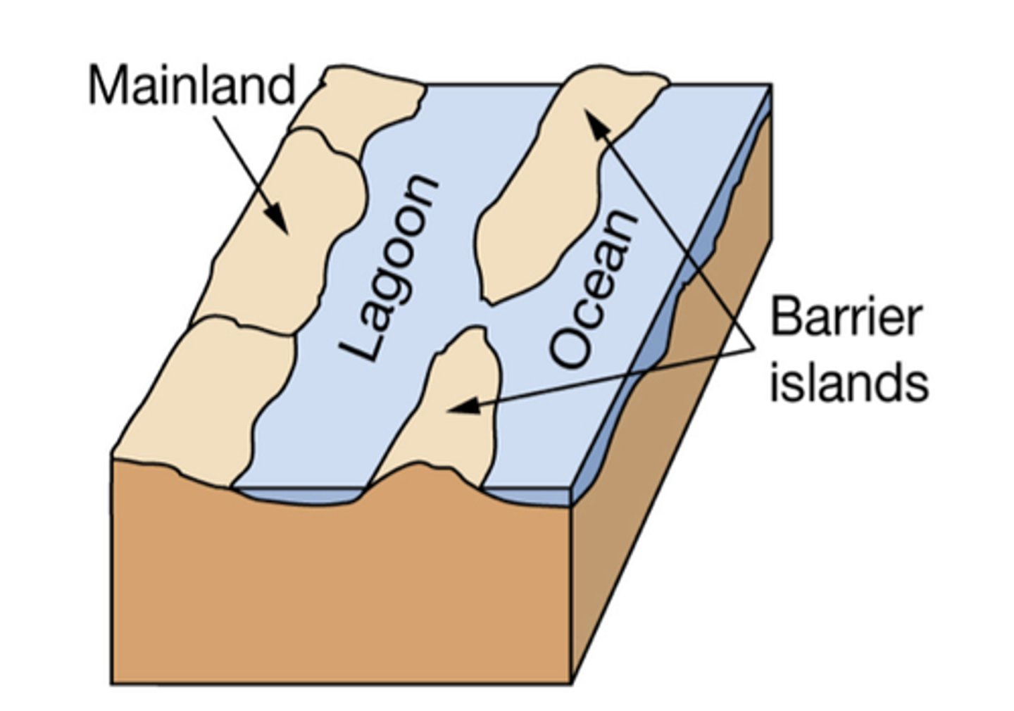 <p>lagoon separated from ocean by sand bar or barrier island</p>