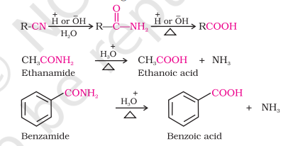 <ul><li><p>Nitriles are <strong>hydrolyzed </strong>to amides in the <strong>presence of catalysts like OH- and H+</strong></p></li><li><p>Mild reaction conditions help stop the reaction at amide stage</p></li></ul>