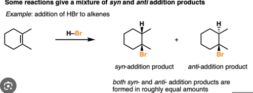 <p>addition form opposite sides of the double bond </p>