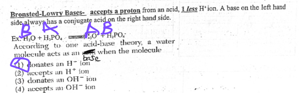 <p>Except a proton from an acid, one less H+ ION. A BASE ON THE LEFT HAND SIDE ALWAYS HAS A conjugate ACID ON THE RIGHT HAND SIDE.</p>