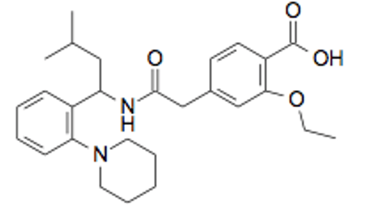 <p><strong>Brand: </strong>Prandin</p><p><strong>Class: </strong>Meglitinide </p><p><strong>MOA: </strong>Stimulates insulin secretion from beta cells of the pancreas. Nonsulfonylurea hypoglycemic agent which blocks ATP-dependent potassium channels, depolarizing the membrane and facilitating calcium entry through calcium channels.</p>