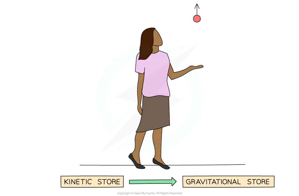 <p>The initial force exerted by a person to throw a ball upwards does work (tranfers energy). It causes an energy transfer<mark data-color="blue" style="background-color: blue; color: inherit"> from the chemical store in the person’s arm </mark>to the<mark data-color="blue" style="background-color: blue; color: inherit"> kinetic store of the ball as it begins to move.</mark> As the <mark data-color="blue" style="background-color: blue; color: inherit">height of the ball increases, energy from the kinetic store of the ball</mark> is <mark data-color="blue" style="background-color: blue; color: inherit">transferred to its gravitational potential store.</mark></p>