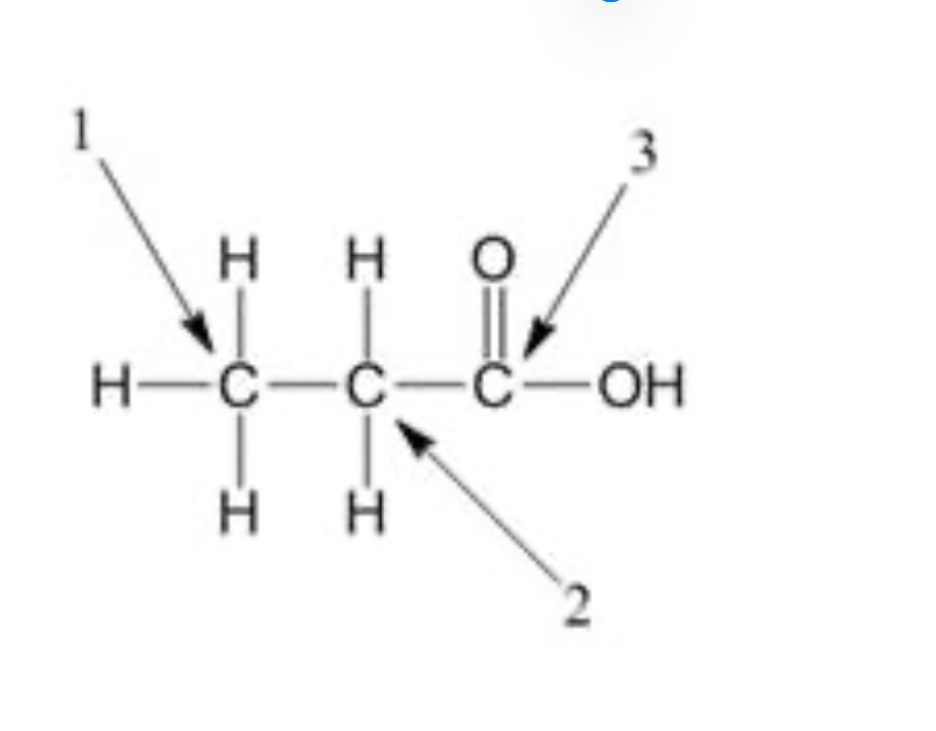 <p><span style="color: rgb(0, 0, 0)">In the figure below, which of the arrows is pointing to the methylene carbon?</span></p>