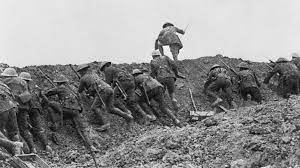 <p>When soldiers would go over the protective wall of the trench, to attack the enemy trench line. They would commonly have to leave their trench and go into “No Man’s Land” for battle. </p>